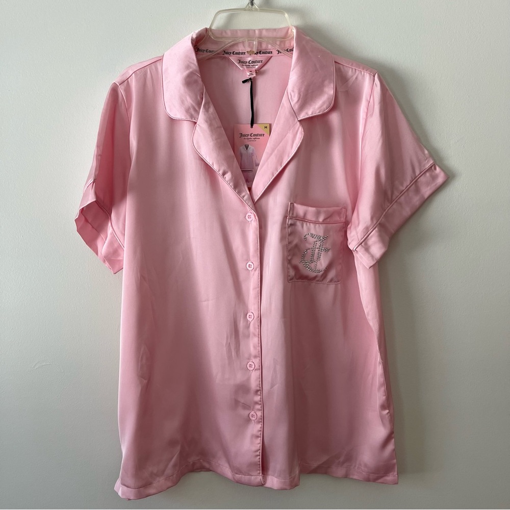Juicy Couture Satin Pajama Top Medium Pink Rhinestones Button Up NEW